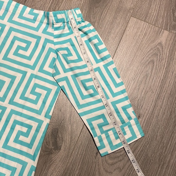 Unique Turquoise blue and white Greek key patterned off the shoulder shirt . - Picture 6 of 9